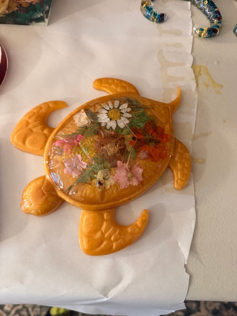 Handmade Resin Sea Turtle Dish with Pressed Flowers - Orange